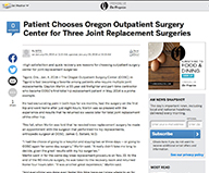 Patient Chooses Oregon Outpatient Surgery Center for Three Joint Replacement Surgeries