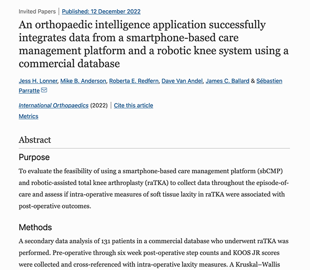 An orthopaedic intelligence application successfully integrates data from a smartphone-based care management platform and a robotic knee system using a commercial database